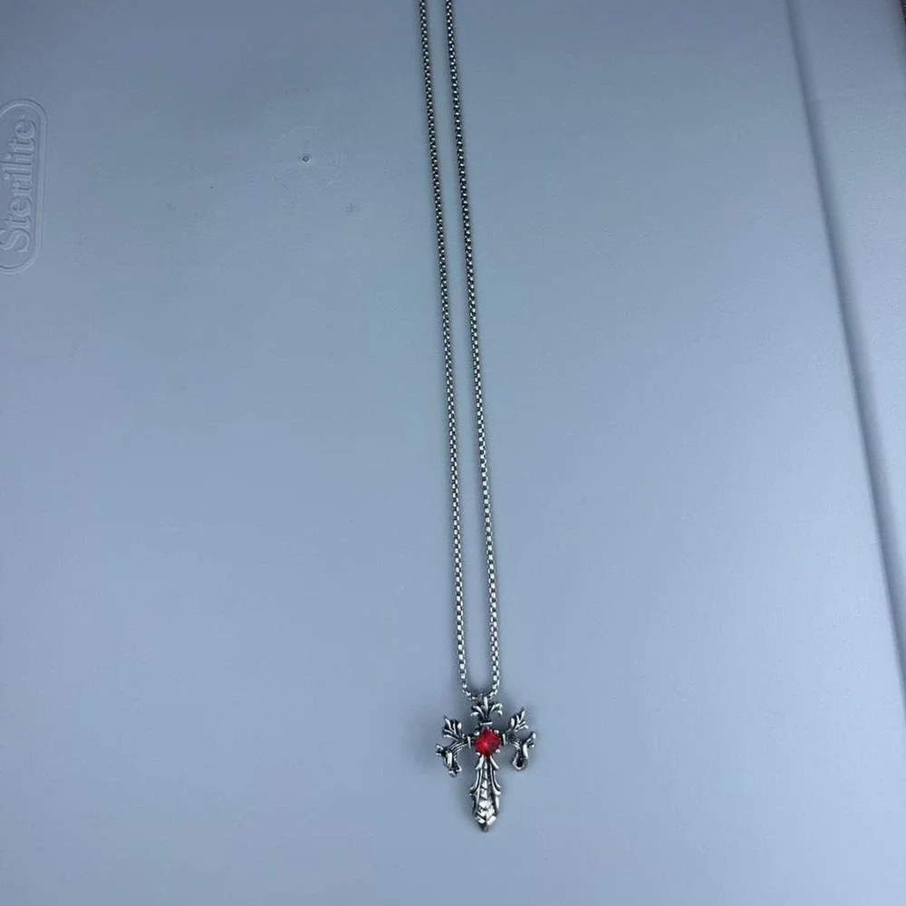 Silver Red Cross Necklace Stainless Steel Gothic Pendant 23 Inch Chain Mens